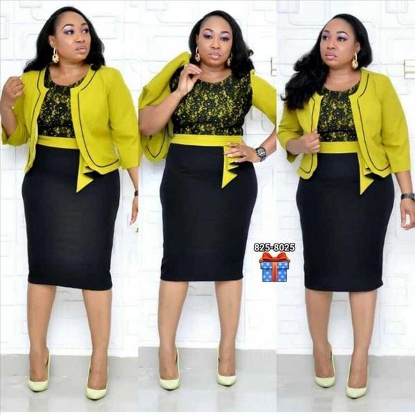 

african clothes lace patchwork two piece set women elegant blazer&lace pencil dress office lady plus size, Black;gray