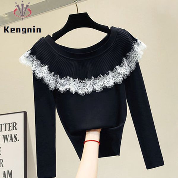 

lace patchwork long sleeve women sweater 2021 spring autumn knitted ladies loose  female jerseys ol simple jumpers h1211, White;black