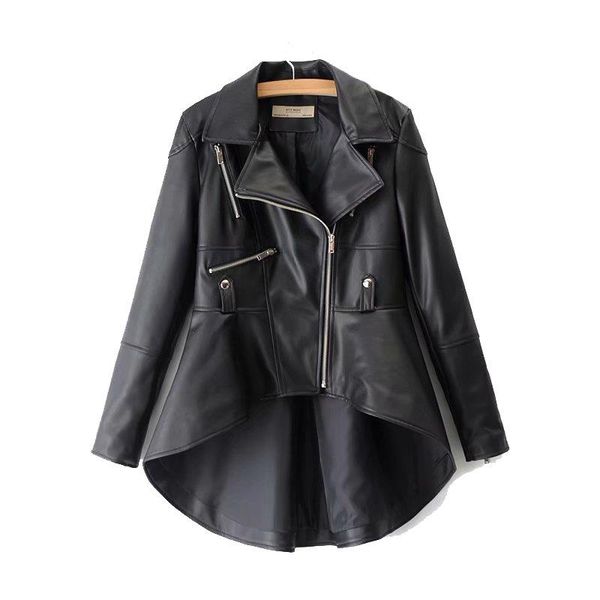 

women's leather & faux [deat] loose fit jacket turn-down collar long sleeve streetwear women coat fashion tide spring autumn 2021 13u64, Black