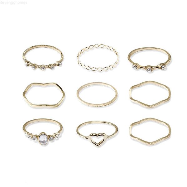 

9factory women hollow fashion out love-heart pearl rhinestone wave finger joint ring sets cluster rings jewelry accessor, Golden;silver