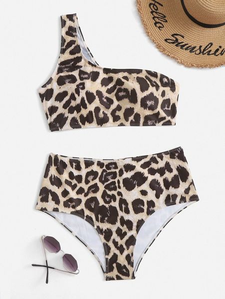 

plus leopard one shoulder bikini swimsuit b7sn#, Black