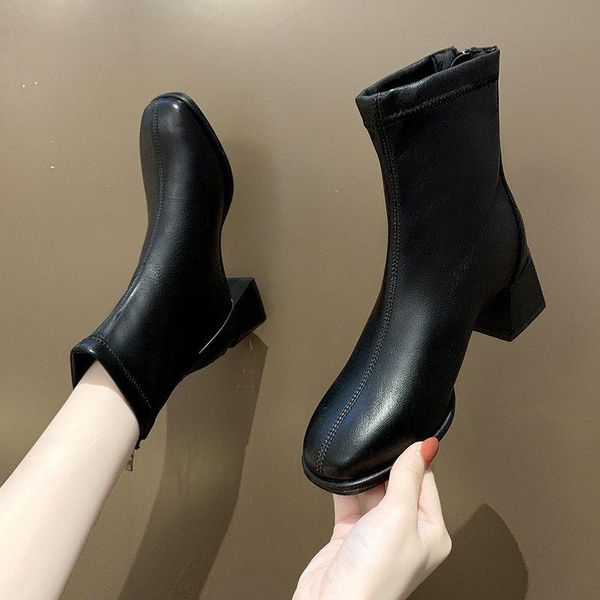 

ботильоны для площади женщины toe мода обувь плюш теплая зима короткие сапоги на молнии квадратные каблуки удобные туфли, Black