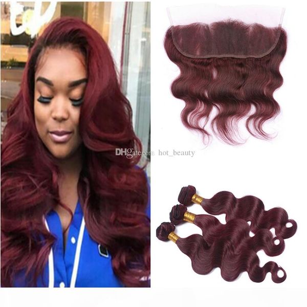 

wine red hair bundles and lace frontal with baby hair brazilian virgin human hair burgundy 99j body wave wefts with 13x4 lace frontal, Black