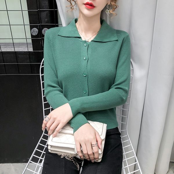 

hbltg women's autumn and winter new long sleeve short knitwear knitwear lapel 2020 solid color slim simple fashion thin g2hde, White;black