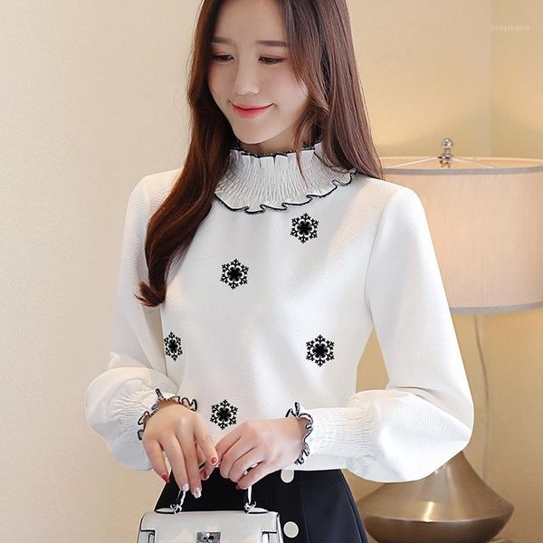 

womens and blouses 2019 women blouse shirt plus velvet thick wood ear turtleneck embroidered shirts blusa1, White