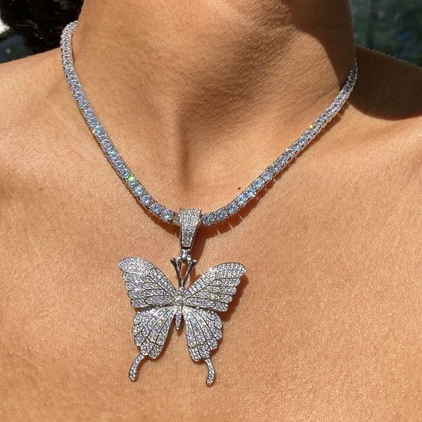 

gold silver color zirconia paved bling ice out butterfly pendants necklaces cz tennis chain for men women hip hop choker jewelry 201013
