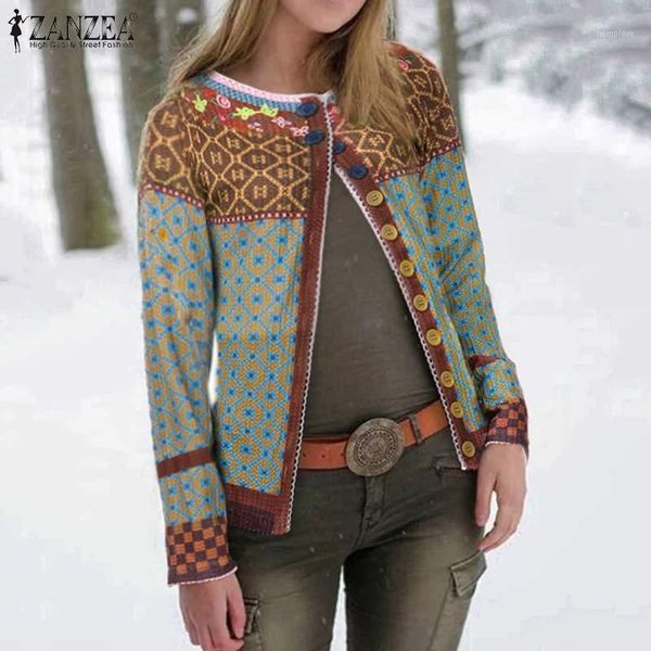

women patchwork knitwear jackets zanzea autumn long sleeve pull coats vintage printed button down cardigans femme blusas outwear1, Black;brown