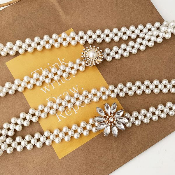 

elegant women pearl belt waist belt elastic buckle pearl chain cummerbunds female girls dress crystal strap waistband gift, Black;brown