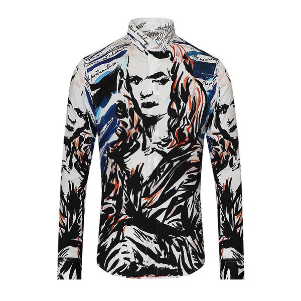 

2021 new pista design moda masculino doodle pintados mo mona lisa algodo manga longa marca de luxo camisa masculina 4xl 819d, White;black