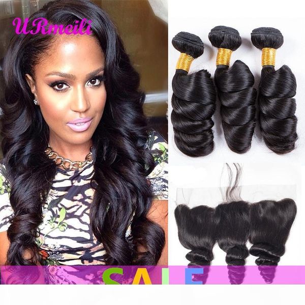 

peruvian loose wave human hair bundles with lace frontal pre plucked 10a peruvian virgin hair weave bundles 3 4pcs natural color remy hair, Black;brown
