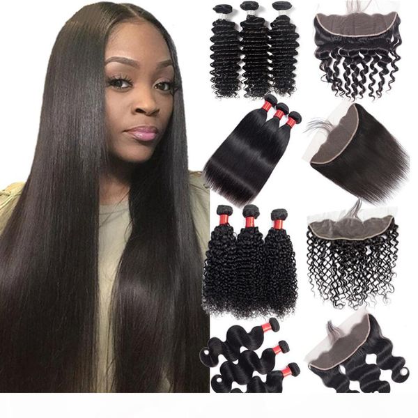 

peruvian deep curly hair bundles with frontal closure deep wave 3 bundles with frontal 4x13 lace frontal with bundles kinky curly human hair, Black;brown