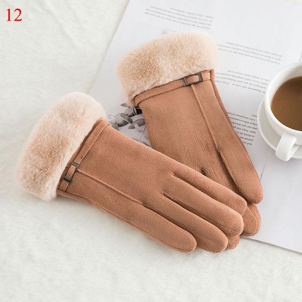 

five fingers gloves warm faux cashmere double thick plush touch screen driving full finger mittens suede leather star buckle, Blue;gray