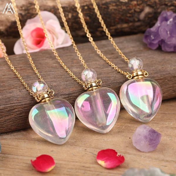 

luxury women natural aura white quartz heart shape perfume bottle pendant necklace electroplated crystal stone oil bottle charm, Silver