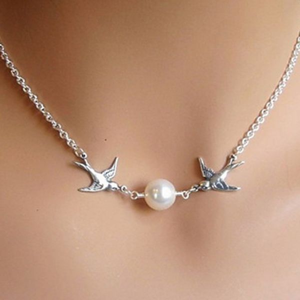 

lucky flying bird pearl necklaces chokersl necklaces silver tone necklaces for new mom , new parents party gift idea, Golden;silver