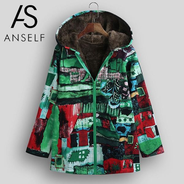 

ethnic women jacket colorful graffiti print faux fur lining hooded coat women long sleeve pockets jacket plus size outwear, Black;brown