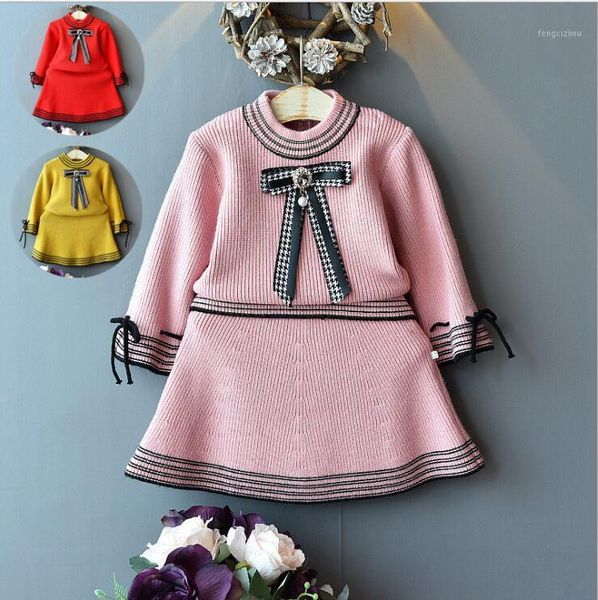 

clothing sets girls sweater and skirts 2 pcs fashion bow knitting suits high-quality goods kids sets1, White