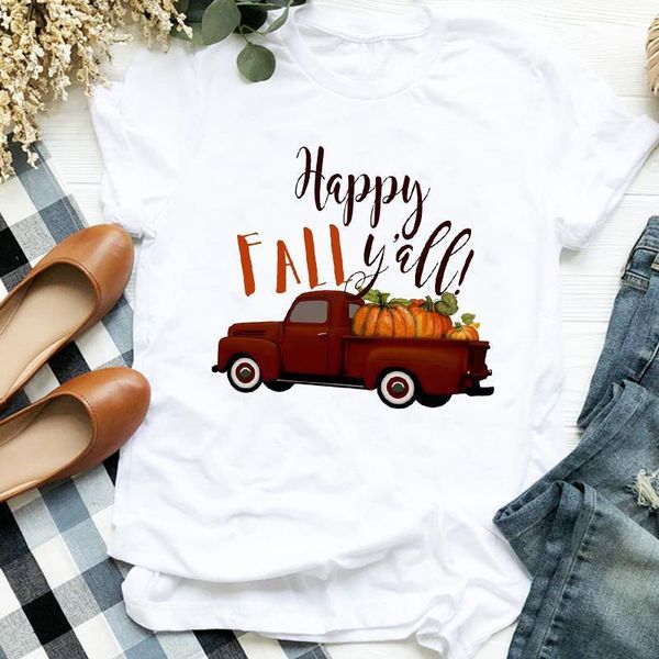 

women lady truck pumpkin cartoon fashion fall halloween 90s print tshirt female t tee womens shirt clothes graphic t-shirt, White