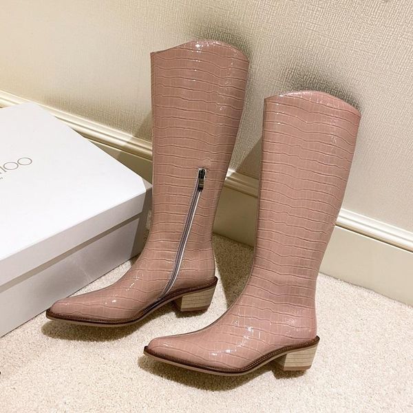 

boots brand design western fashion knee high print leather heels long pointed toe autumn winter, Black
