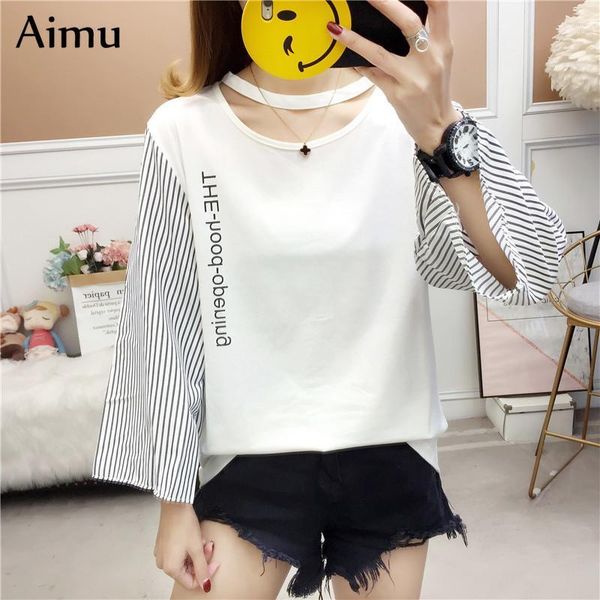 

summer striped patchwork t-shirts women letters slim t shirt fashion three quarter sleeve korean tshirt students cute white 1