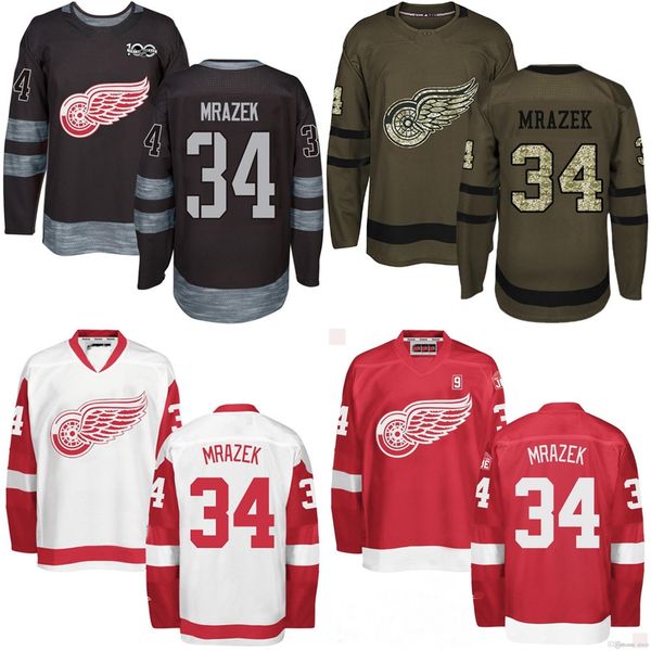 

34 petr mrazek 2016 new detroit red mens red white brown black all stitched wings hockey jerseys s-3xl, Black;red