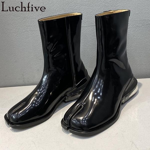 

2020 split toe genuine leather ankle boots cushion heel boots femme buckles shoes woman black white women