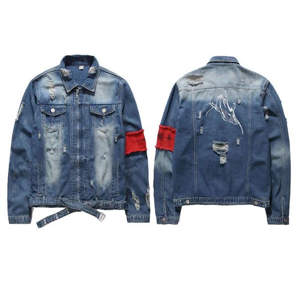 

high street embroidered denim jacket men ripped hip hop red patchwork jeans jacket men designer ribbon loose big size, Blue