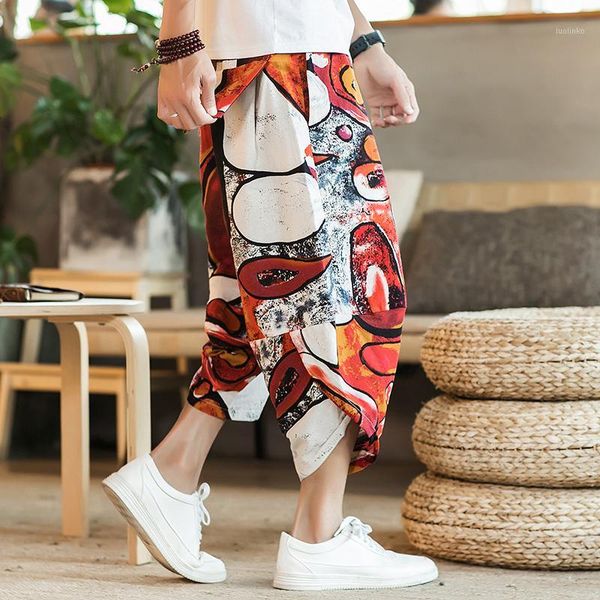 

chinese style ankle-length cotton linen printed pants men trousers joggers sweatpants streetwear size m-5xl 20201, Black