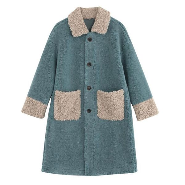 

lamb wool coat women 2021 winter new korean splicing single-breasted thick loose mid-length warm woolen jacket ladies tideh947, Black