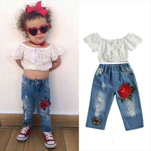 

1-6y summer lovely kids girls clothes sets 2pcs lace ruffles sleeve off shoulder t shirts flowers blue denim pants, White