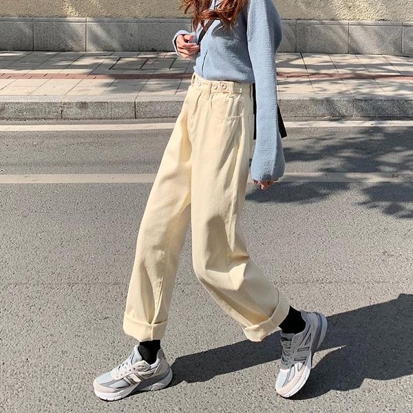 

high waist adjustable straight jeans trousers, Blue