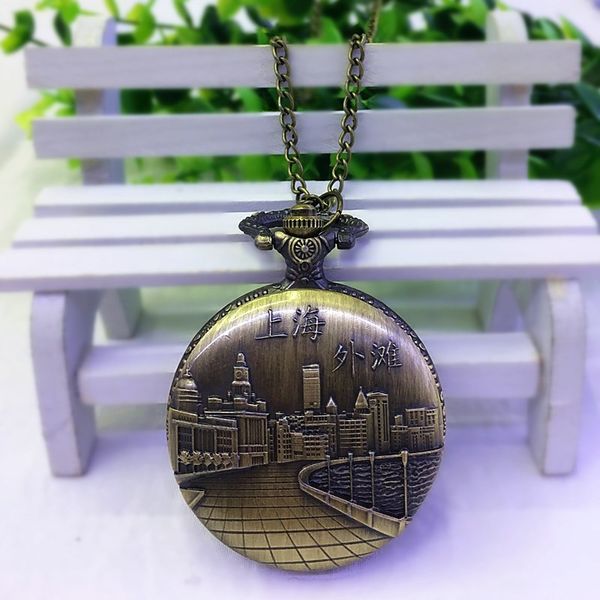 Commercio all'ingrosso 13 Stili Bronzo Colore Acciaio Souvenir Quarzo Vintag Pocket flip student Cina The Bund Attrazioni turistiche Souvenir Orologi regalo