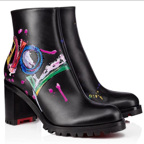 

original box] popular winter love me graffiti leather love ankle boots women's red bottom booties lug sole lady combat booty party wed, Black