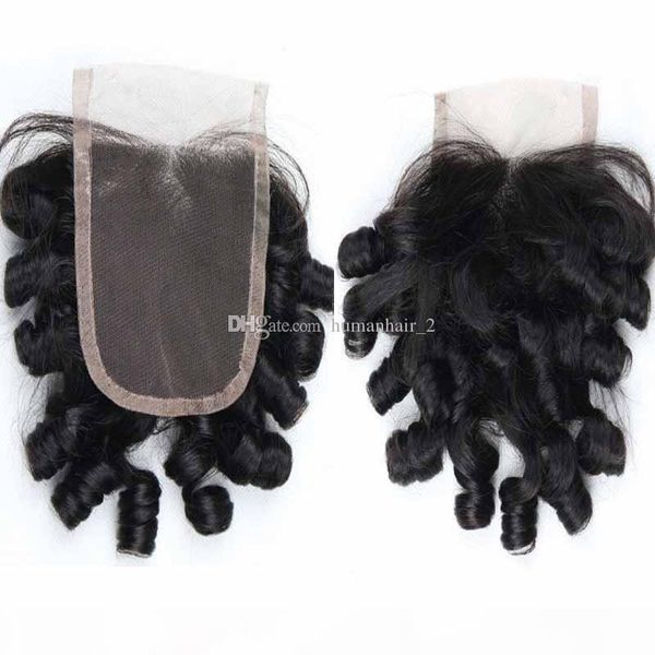 

funmi hair lace closure aunty curly loose wave lace closure bouncy curly peruvian virgin human hair 4x4 lace closure, Black;brown