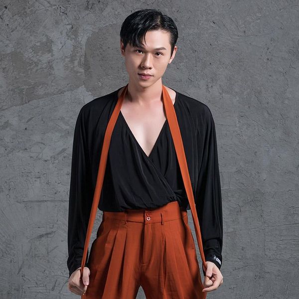 

stage wear 2021 male latin dance shirts black long bat sleeve v-neck costumes performance ballroom dqs5894, Black;red