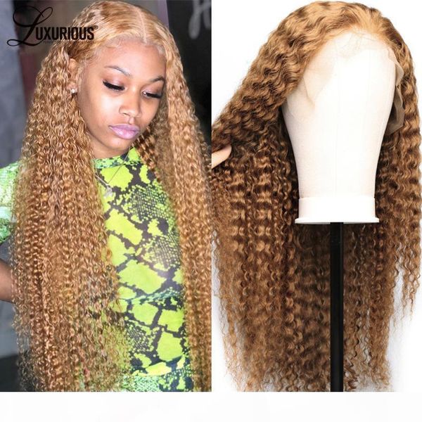 

#27 honey blonde curly lace closure wig peruvian remy hair glueless lace front human hair wigs pre plucked with baby, Black;brown