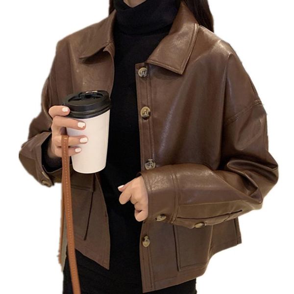 

fashion autumn women pu leather jacket 2021 autumn winter women leather coat female slim short jacket women's outerwear, Black