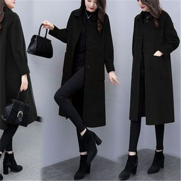 

korean 2021 new mid-length style autumn and winter female wool sleeve woolen coat 1s8a, Black