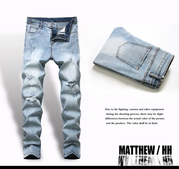 

jeans straight tube perforated zipper men's casual fashion pants b004, Blue