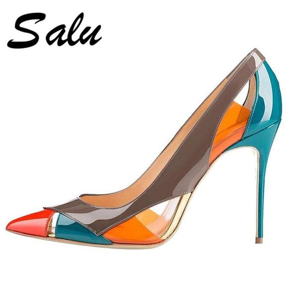 

dress shoes salu red high heeled lady pumps shallow pointed toe woman party slip-on pu leather wedding, Black