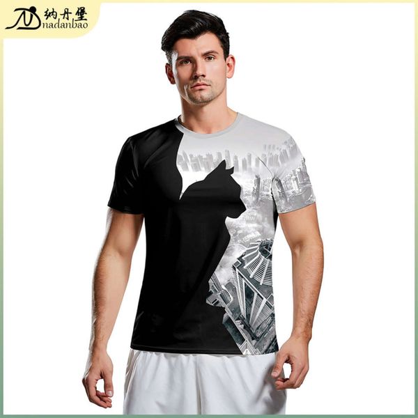 

spring and summer new men's fashion simple versatile cat print slim short sve t-shirt b129-9163, Black