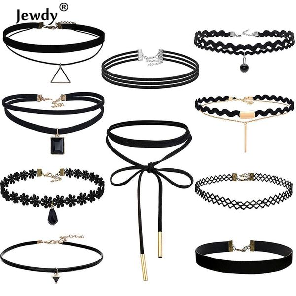 

chokers jewdy 10 pcs/set choker necklaces set gothic tattoo black lace leather velvet neck jewellery women collar femme charm gifts 2021, Golden;silver