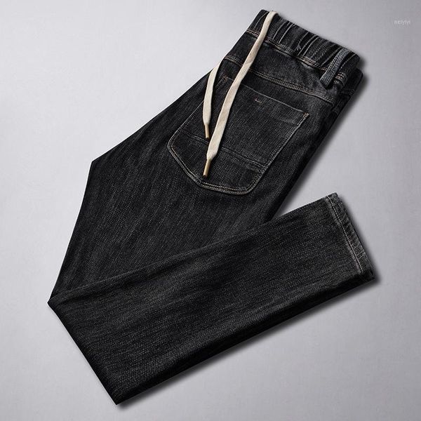 

men's jeans autumn winter black men fashion causal denim elastic waist straight pants1, Blue