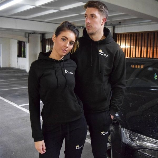 

autumn matching couple casual tracksuits women men king queen print hooded hoodies and pants suits lover christmas gifts y201128, White