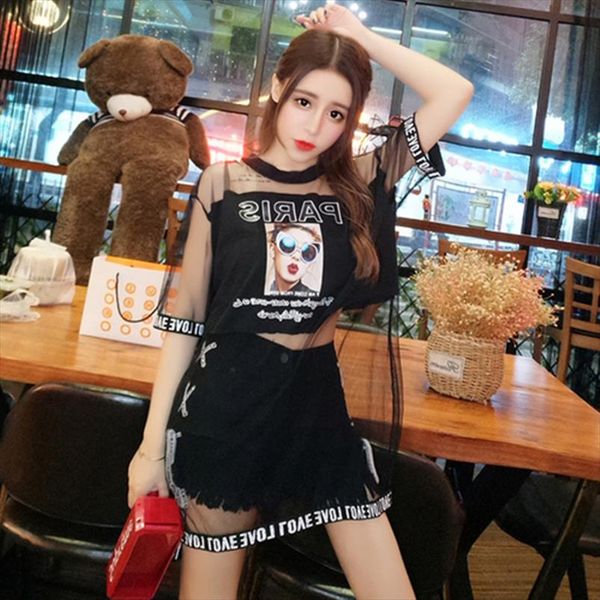 

quality 2021 summer women girl print letter mesh patchwork black long t shirt tassel bandage denim shorts 2 piece sets, Gray