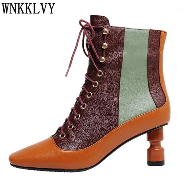 

strange style high heel short boots 2020 women square toe mixed colors lace up ankle botas autumn winter runway design shoes1, Black