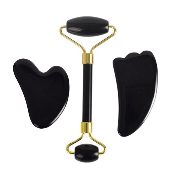 

natural black obsidian massage roller double head jade stone facial massage roller guasha set tool skin care real jade roller ygugyu