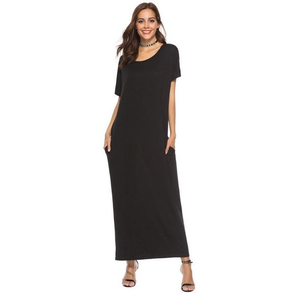 

cotton women summer short sleeve solid maxi dress pocket abaya kaftan dubai ramadan eid islamic jubah djellaba vkdr2279, Red