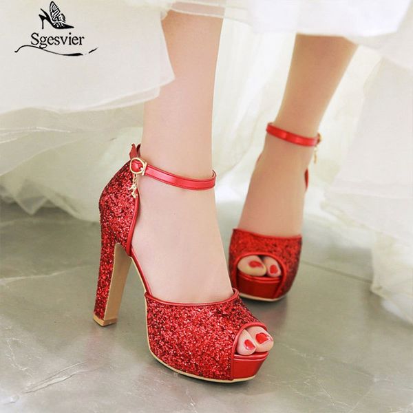 

sgesvier women new summer sandals bride wedding party shoes peep toe thick heel platform red gold sandals shoes woman ox362 t200831, Black