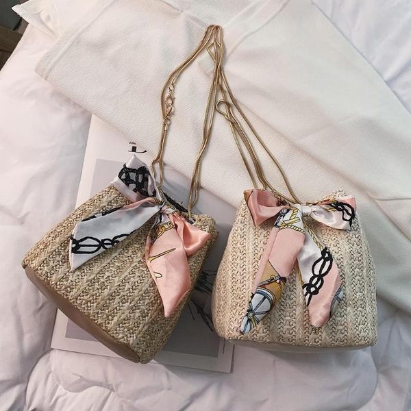 

2020 new straw weaving shoulder messenger handbags women knitting casual silk bandage small bucket crossbody bags daily vacation