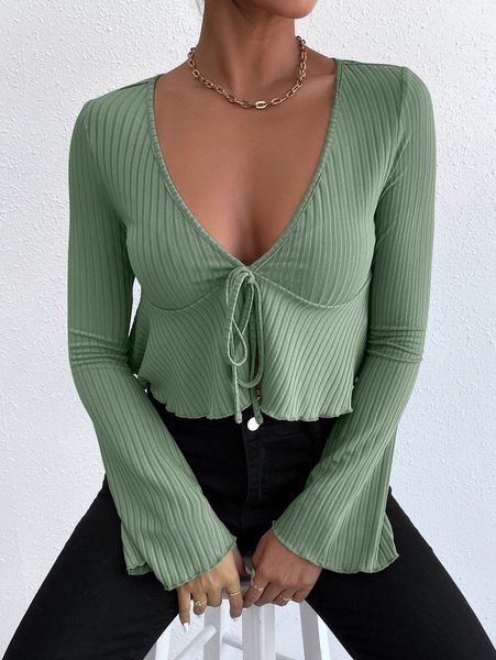 

solid flounce sleeve tie front ribbed knit w2tc#, White
